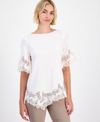 Anne Klein Women's Lace-Trim Asymmetrical Top