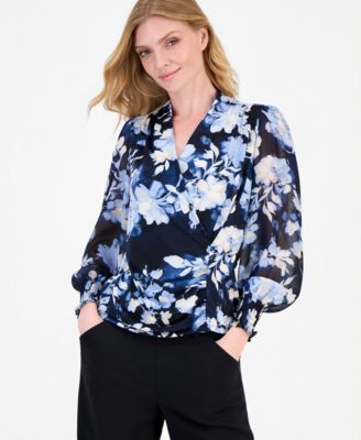 Anne Klein Women's Faux-Wrap Smocked-Cuff Top