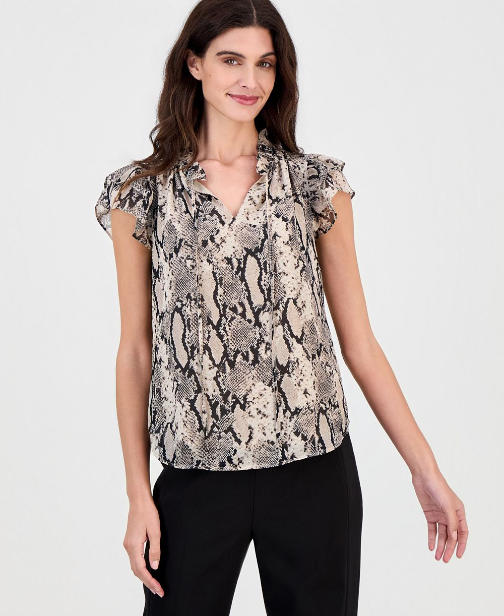 Топ Anne Klein Women's Printed Ruffle-Sleeve Tie-Neck