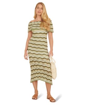 Yumi Women's Stripe Crochet Knit Bardot Midi Dress