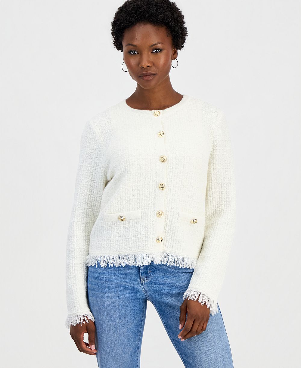 I.N.C. International Concepts Petite Frayed Button Down Textured Cardigan, Macy's Exclusive