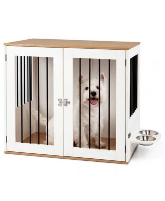 RUIE Wooden Dog Crate Furniture with Double Lock Doors and Rotating Feeder