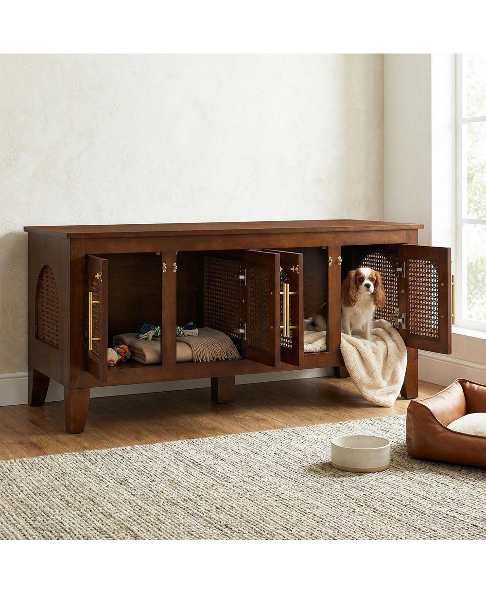6thdruple Rattan Decor Dog Crate, Rubber Wood Cabinet Furniture with 4 Doors for Living Room