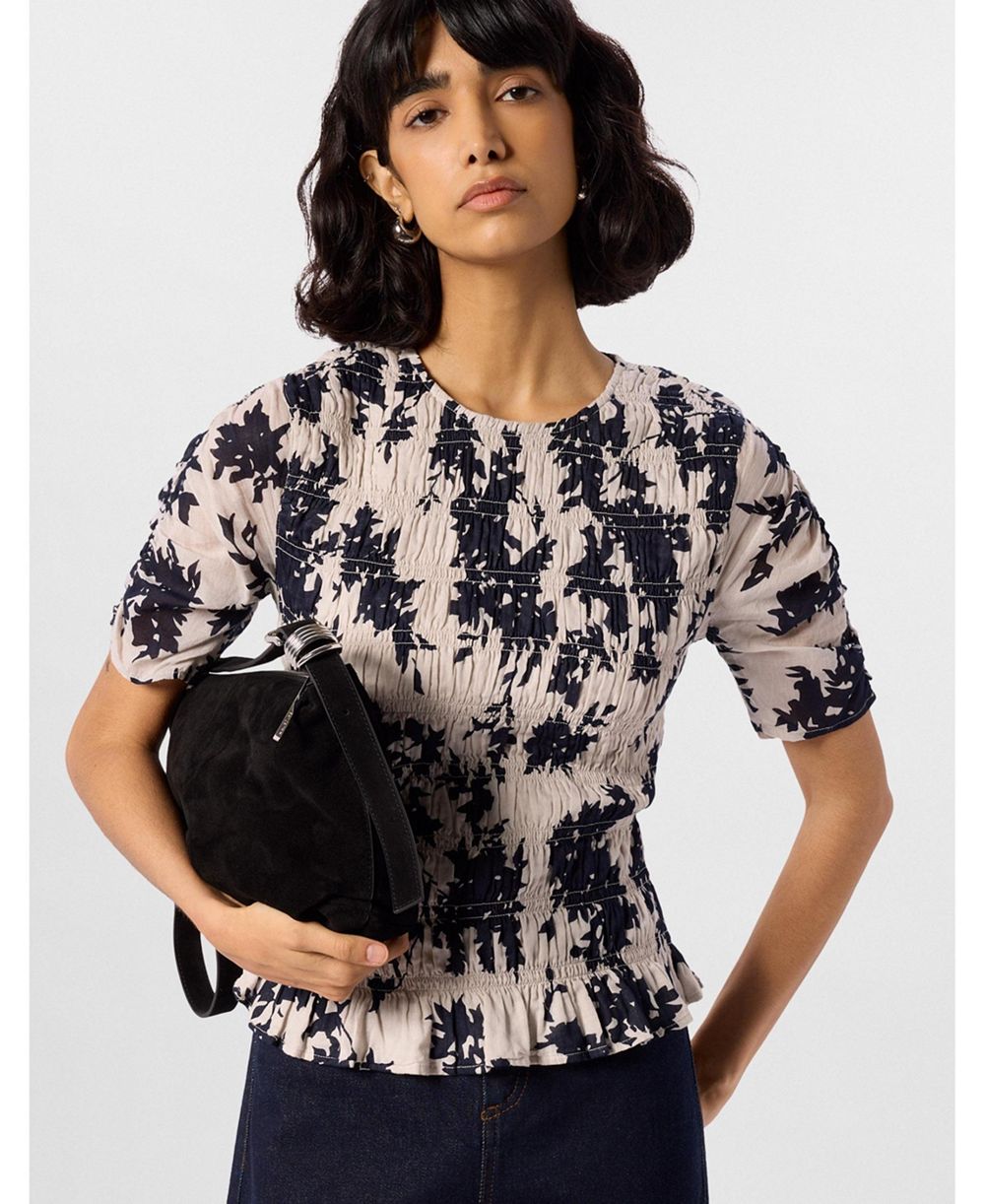 Whistles Women's Smocked Floral Ruffle Hem Peplum Blouse