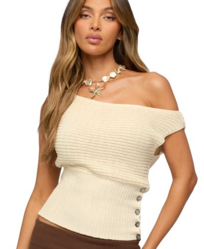 Edikted Women's Buttoned Off Shoulder Crochet Top