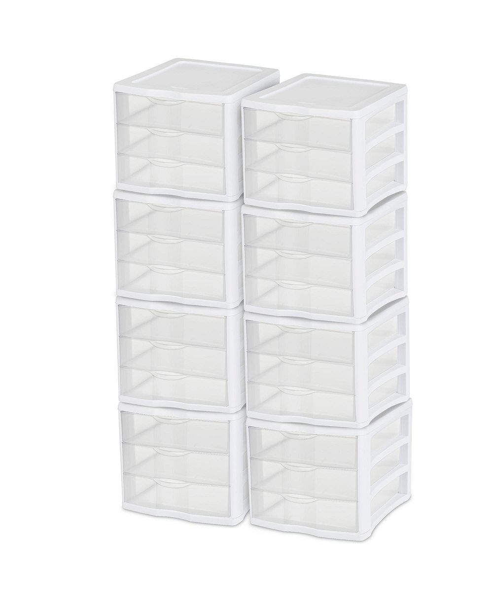 Sterilite ClearView Compact Stacking 3 Drawer Storage Organizer System, (8 Pack)