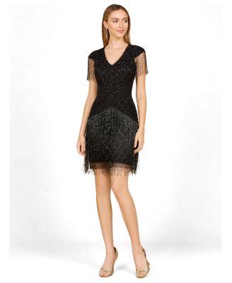 Lara Women's Beaded Fringe Short Dress with Cap Sleeves