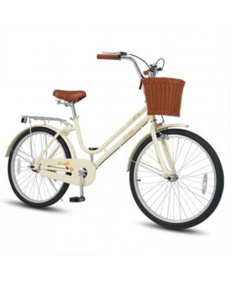 Gymax 24-Inch Beach Cruiser Bike with Adjustable Seat, Woven Basket and Rear Rack, 176 lbs. Capacity, Ages 8+