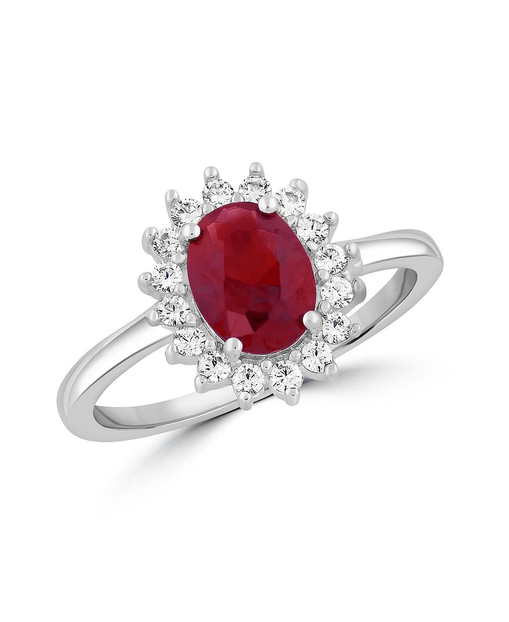 Simona Elegant Oval Ruby Halo CZ Flower Design Ring
