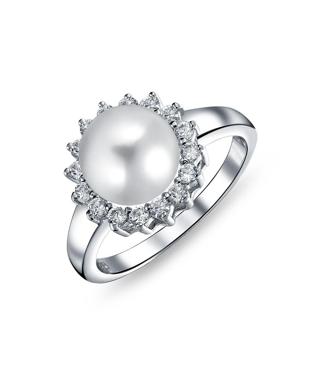 Коктейльное кольцо Bling Jewelry Classic Faux Pearl CZ Halo Solitaire из стерлингового серебра.925