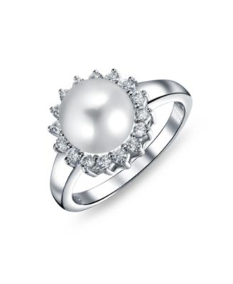 Коктейльное кольцо Bling Jewelry Classic Faux Pearl CZ Halo Solitaire из стерлингового серебра.925