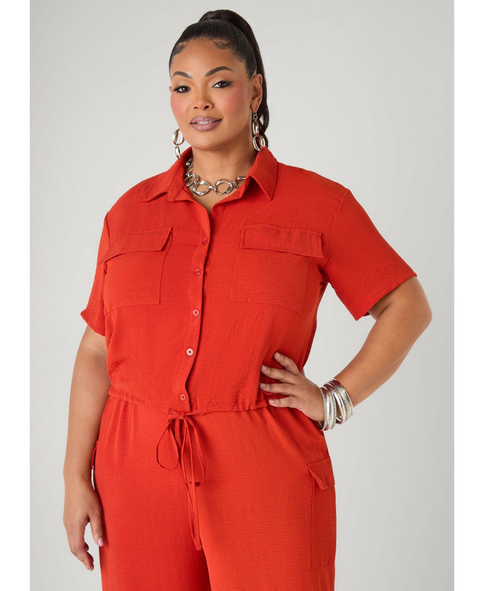 Ashley Stewart Plus Size Drawstring Cropped Shirt