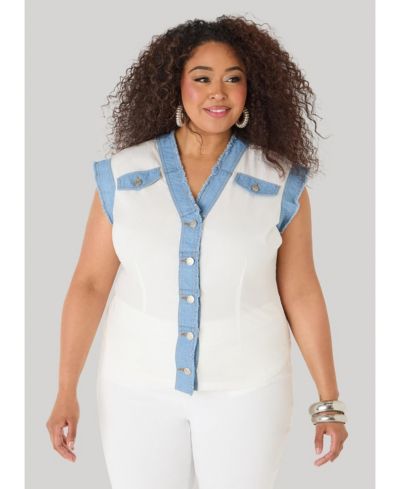 Женская хлопковая рубашка Ashley Stewart Plus Size Denim Trimmed