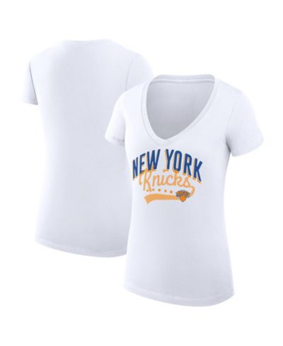 G-III 4Her by Carl Banks Women's White New York Knicks Super-Slim Fit Lightweight Filigree Logo V-Neck T-Shirt