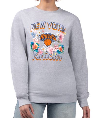 G-III 4Her by Carl Banks Women's Heather Gray New York Knicks Flowers Team Logo Graphic Fleece Crewneck Pullover Sweatshirt