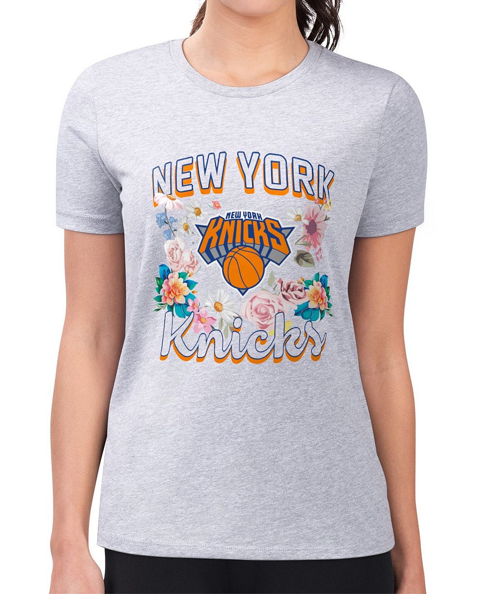 Женская футболка G-III 4Her by Carl Banks Heather Gray New York Knicks Super-Slim Fit Lightweight Flowers Team Logo Graphic