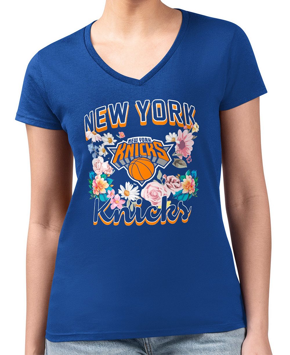 Женская футболка G-III 4Her by Carl Banks Blue New York Knicks Super-Slim Fit Lightweight Flowers Team Logo Graphic V-Neck