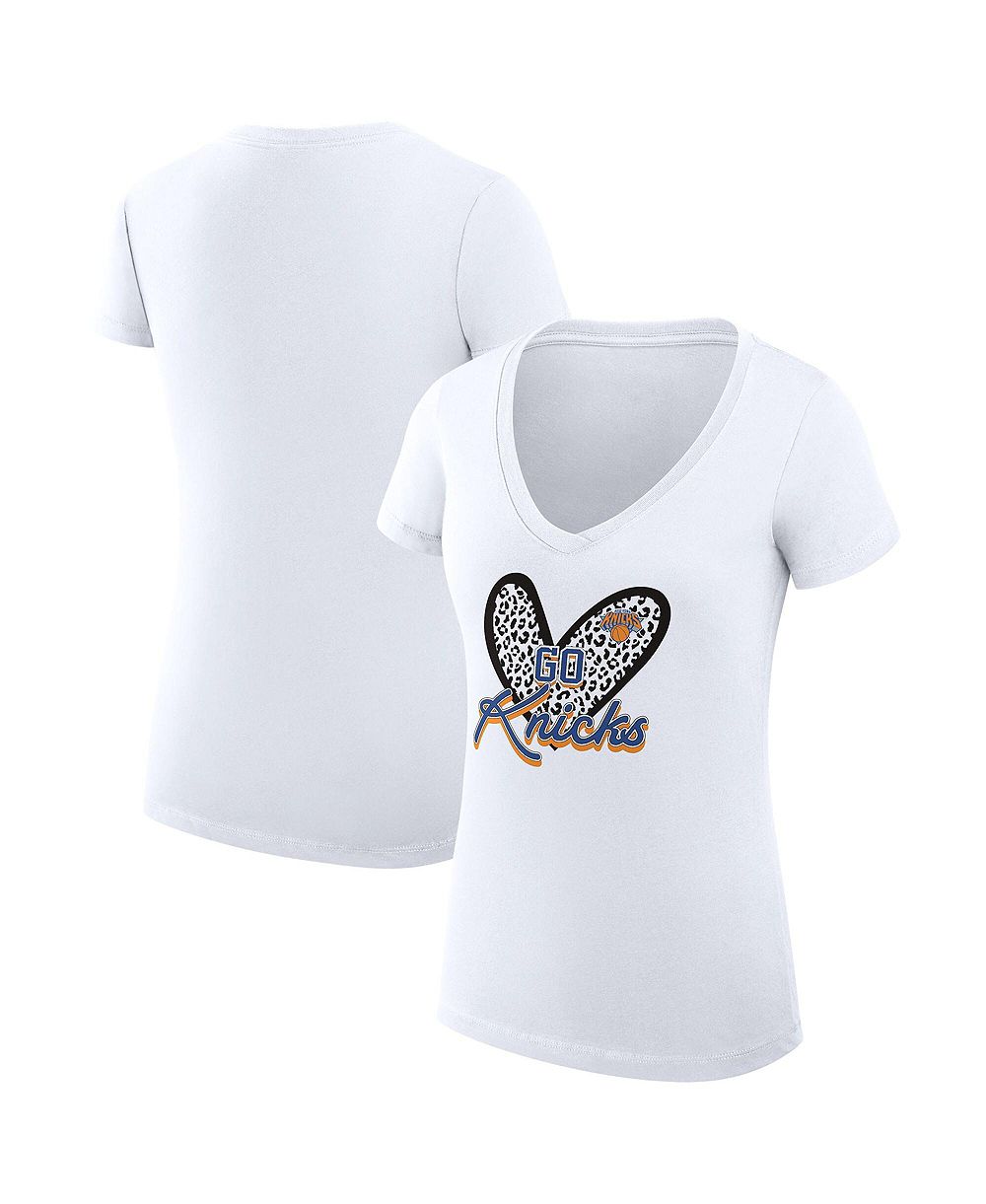 G-III 4Her by Carl Banks Women's White New York Knicks Super-Slim Fit Lightweight Leopard Heart V-Neck T-Shirt