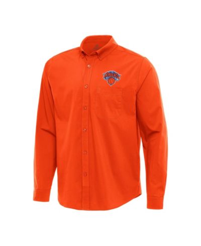 Antigua Men's Orange New York Knicks Flight Woven Tri-Blend Long Sleeve Button-Down Shirt