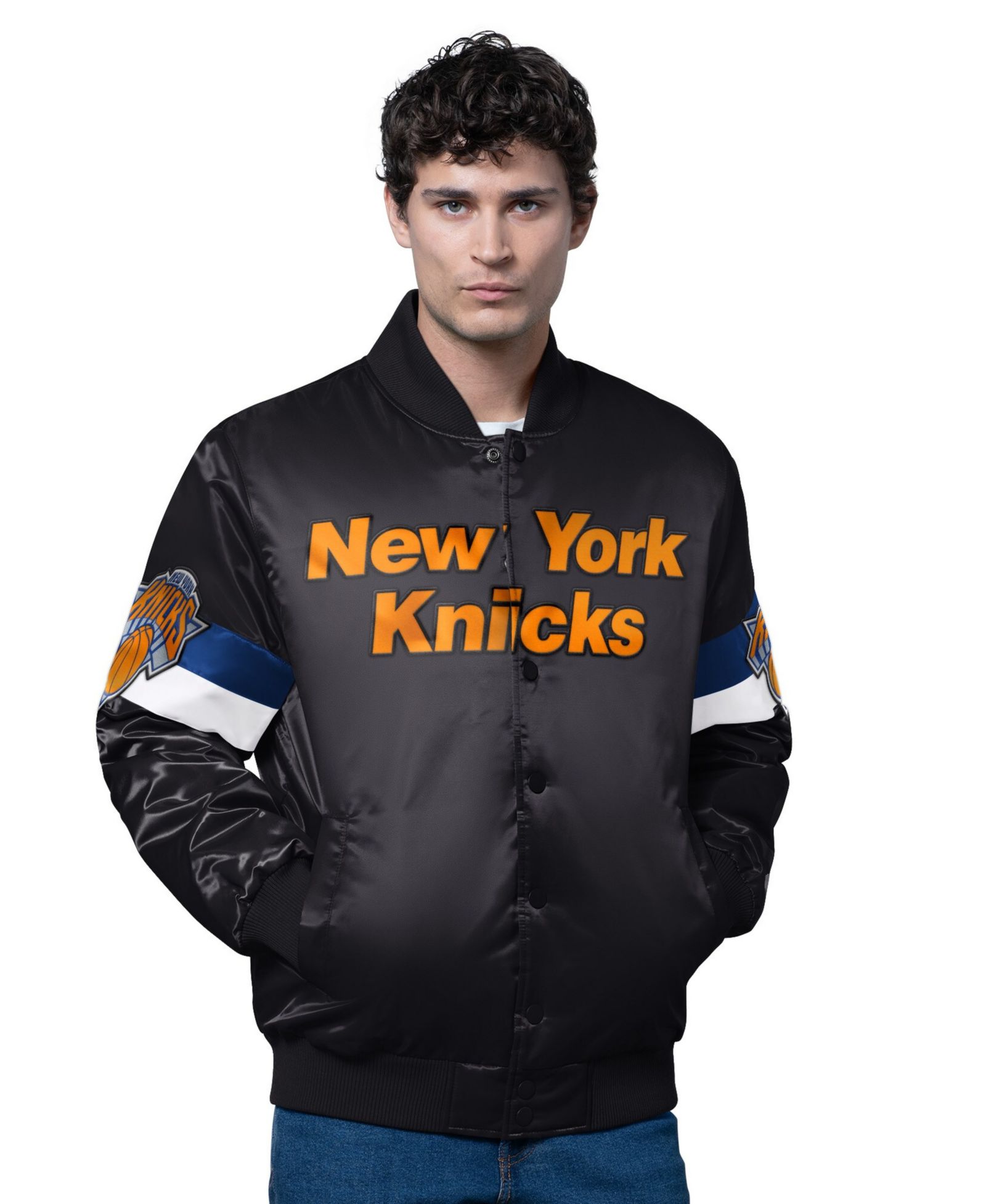 Starter Men's Black New York Knicks Triple Option Varsity Full-Snap Satin Jacket