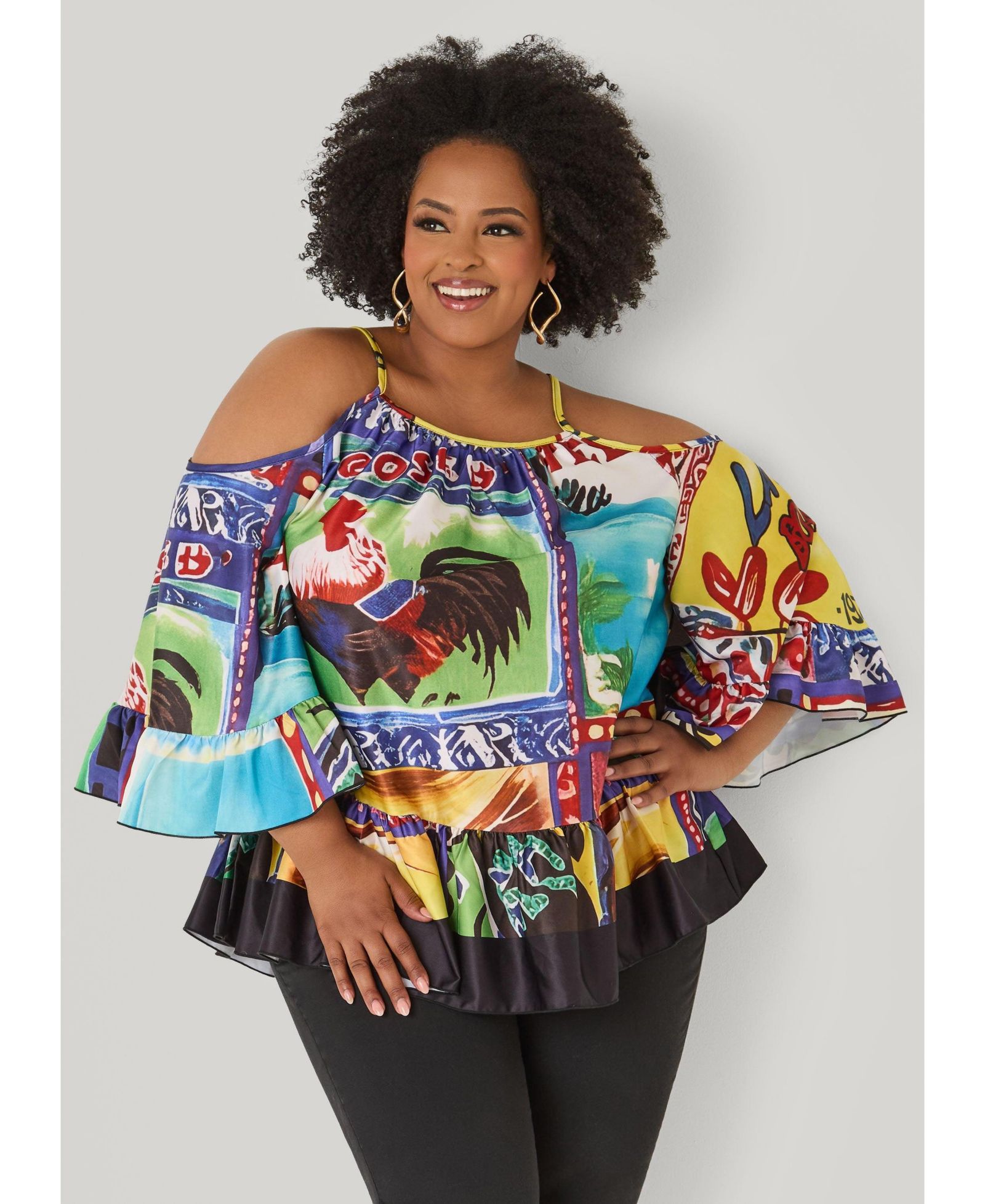 Ashley Stewart Women's Plus Size Printed Satin Cold Shoulder Blouse