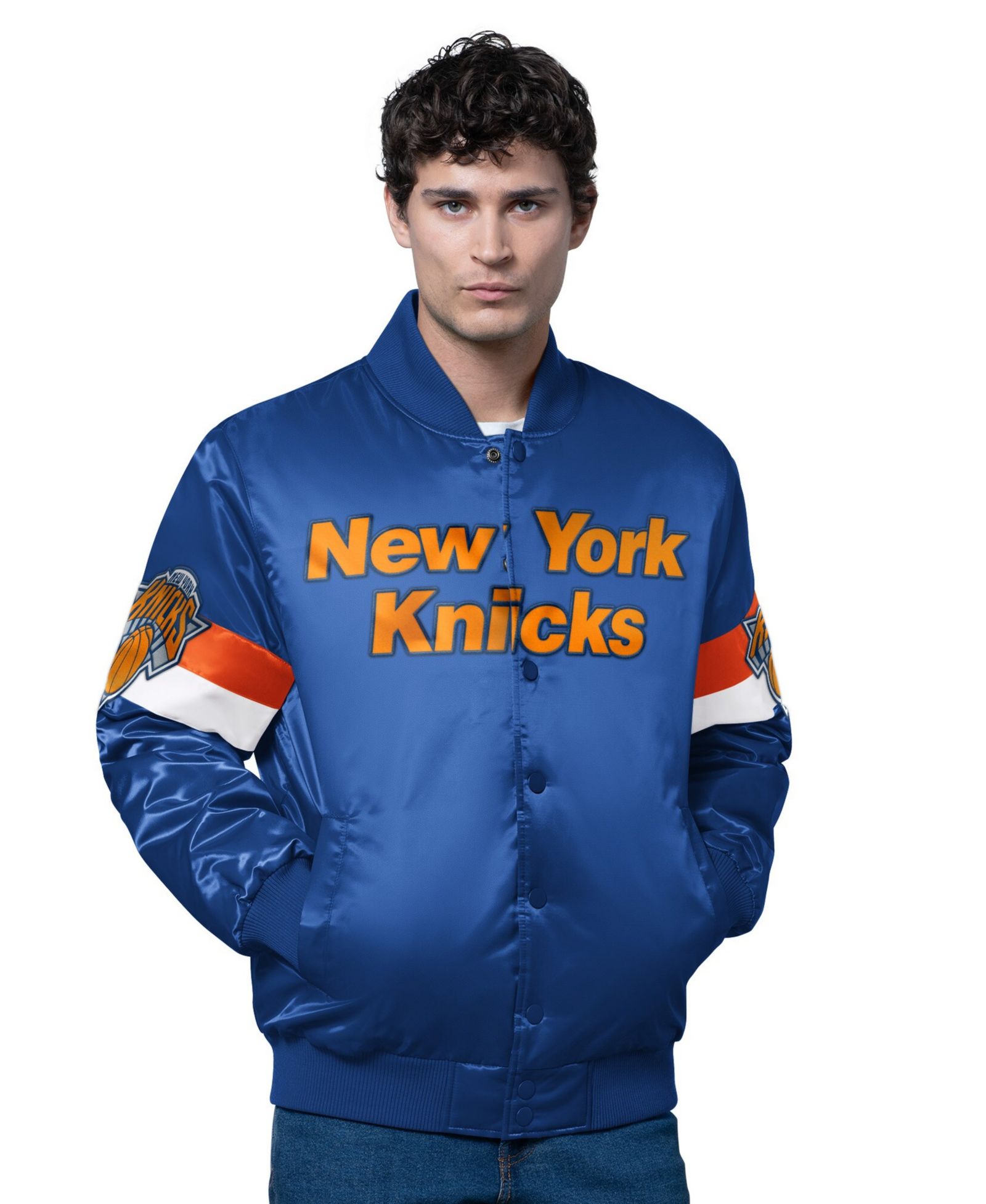 Starter Мужской синий атласный бомбер New York Knicks Triple Option Varsity Full-Snap