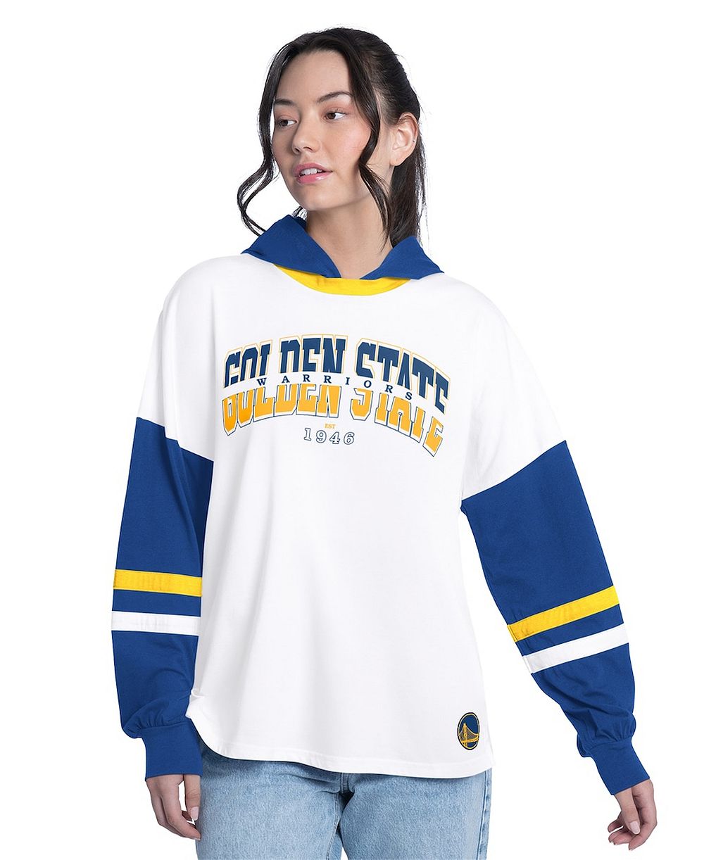 Женская белая/синяя футболка G-III 4Her by Carl Banks Golden State Warriors Key Player Oversized Hooded Long Sleeve
