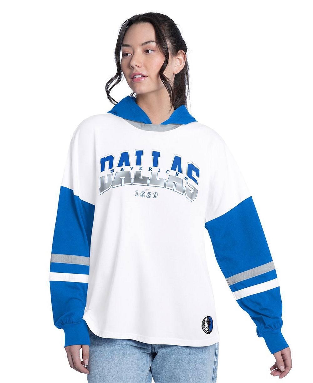 Женская футболка G-III 4Her by Carl Banks White/Royal Dallas Mavericks Key Player Oversized Hooded Long Sleeve