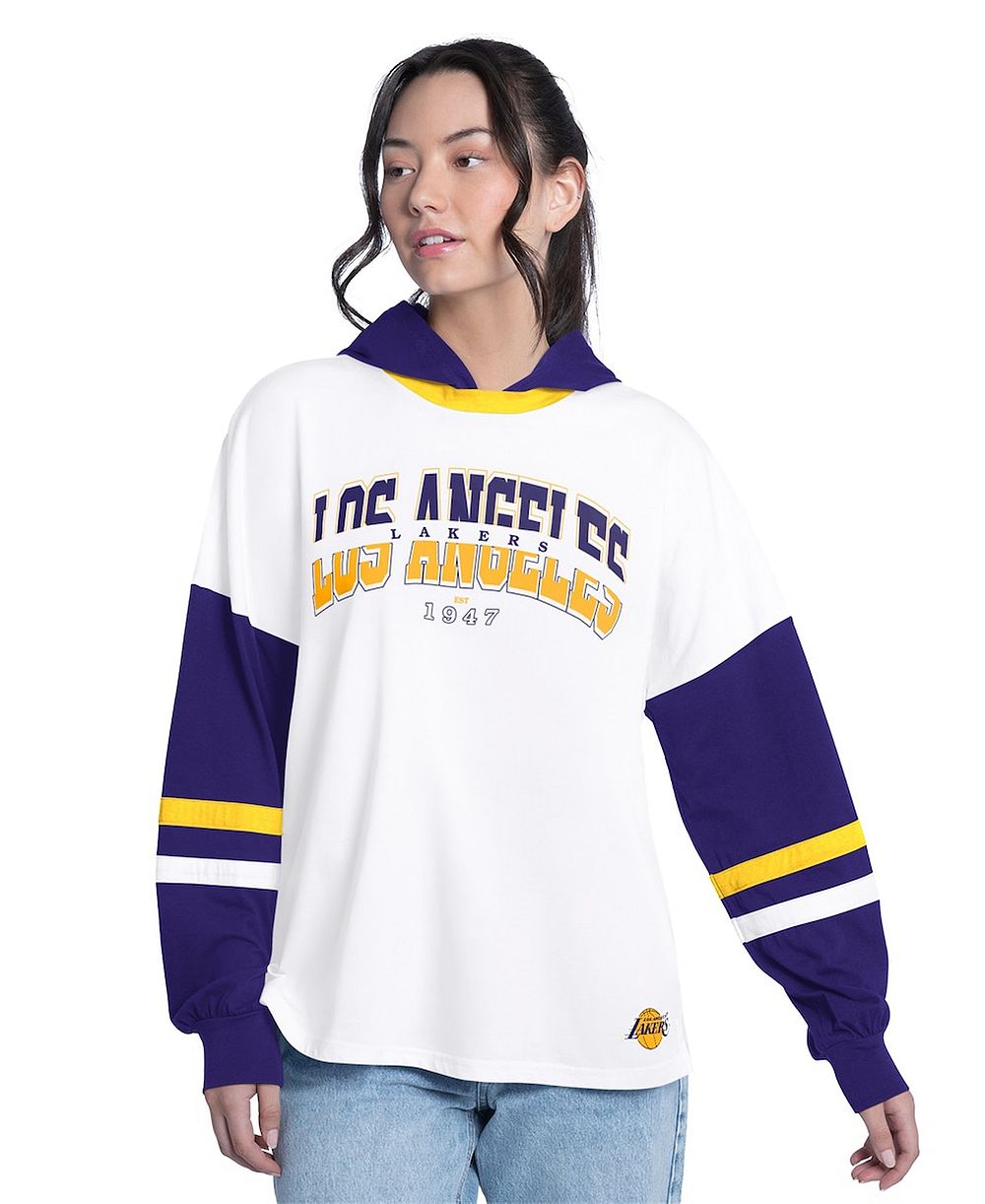 Женская свободная футболка с длинным рукавом и капюшоном G-III 4Her by Carl Banks White/Purple Los Angeles Lakers Key Player