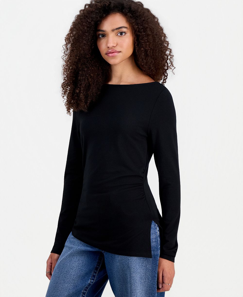 Madden Girl Juniors' Ruched Boat Neck Long Sleeve Top