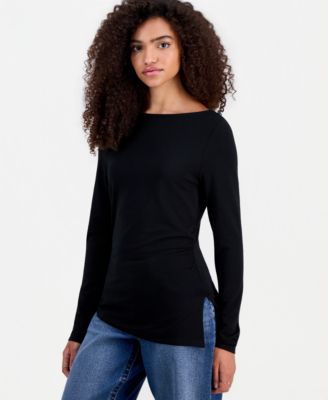 Madden Girl Juniors' Ruched Boat Neck Long Sleeve Top