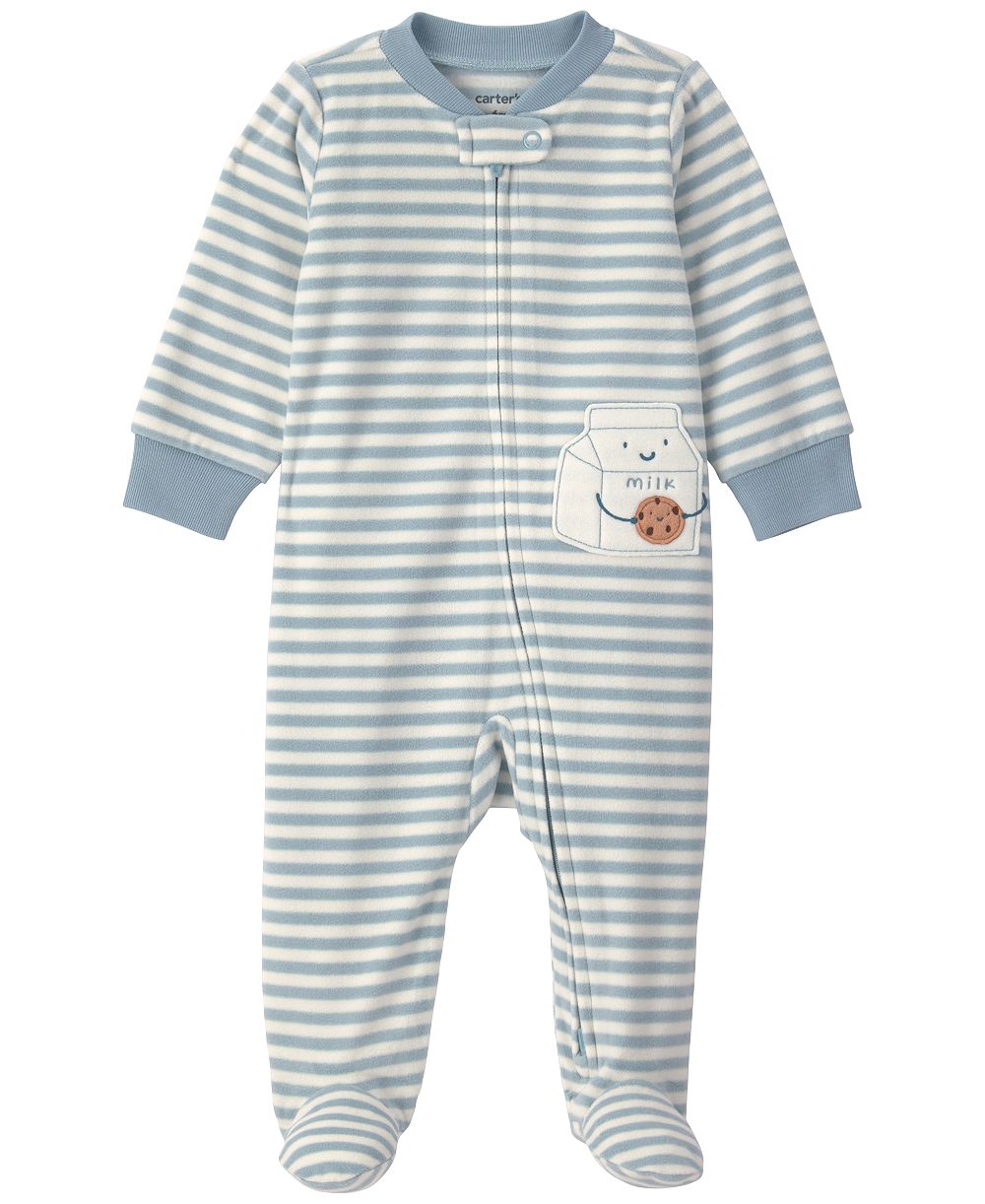 Carter's Boys' and Girls' Milk & Cookies 2-Way Zip Striped Fleece Sleep & Play Pajamas