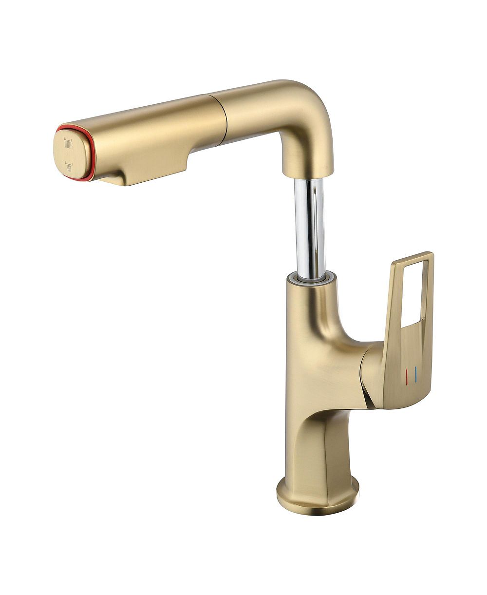 PHYING   Brushed Gold Pull-Down Vessel Faucet - Single Hole Bathroom Sink Faucet with Lift Spout and Dual Spray Modes