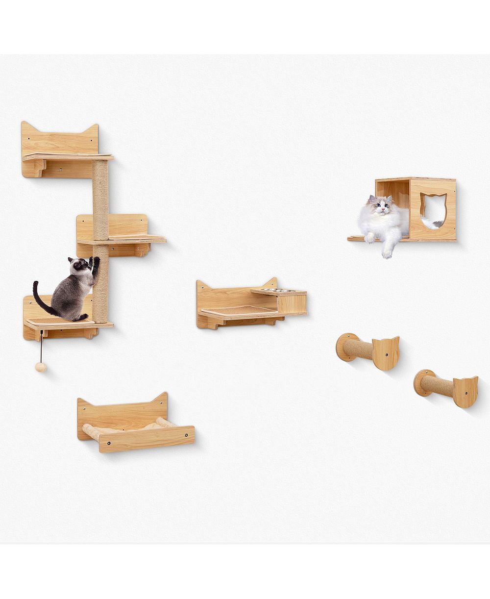 COZITO 6 Piece Cat Wall Furniture Set with Wall Mounted Shelves and Bowls