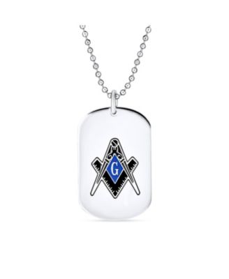 Bling Jewelry Men's Freemason Dog Tag Pendant Necklace Masonic Compass Stainless Steel