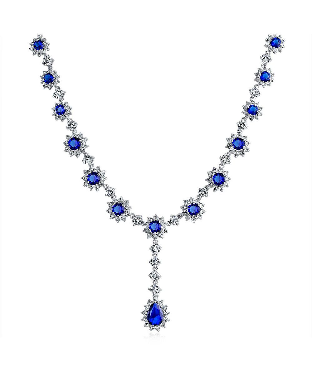 Bling Jewelry ожерелье Y-образного типа Vintage Oval Crown Halo Royal Blue CZ Silver Plated