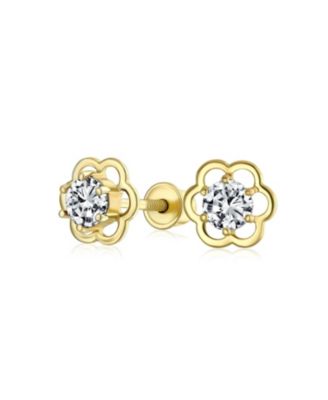 Bling Jewelry Tiny Cubic Zirconia Pink CZ Center Open Flower Stud Earrings 14K Gold Screw-back