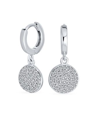 Bling Jewelry Geometric CZ Pave Circle Coin Drop Huggie Mini Hoop Earrings .925 Sterling Silver