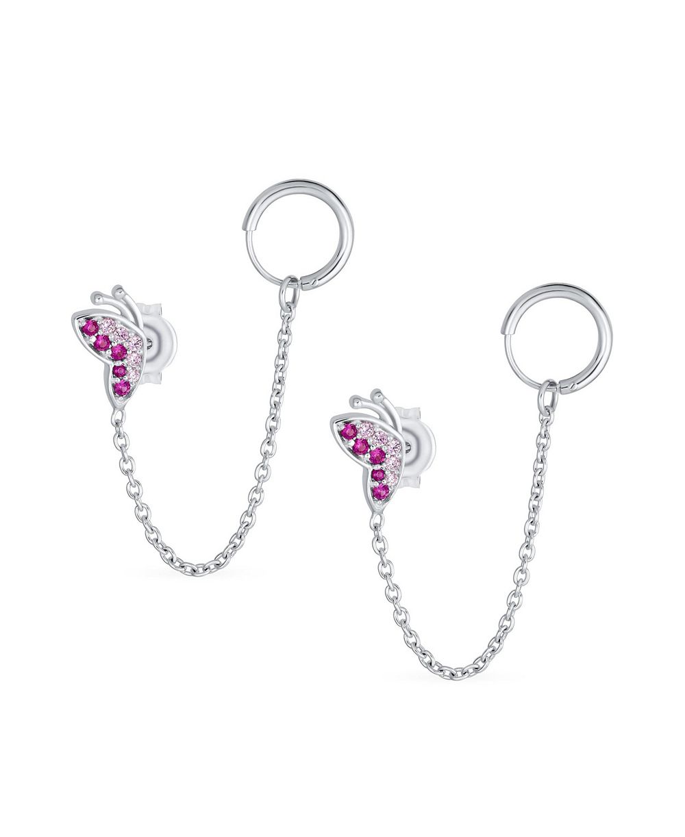 Bling Jewelry Double Piercings Chain Ear Cuff Cartilage Earlobe Stud CZ Butterfly Earrings Sterling Silver