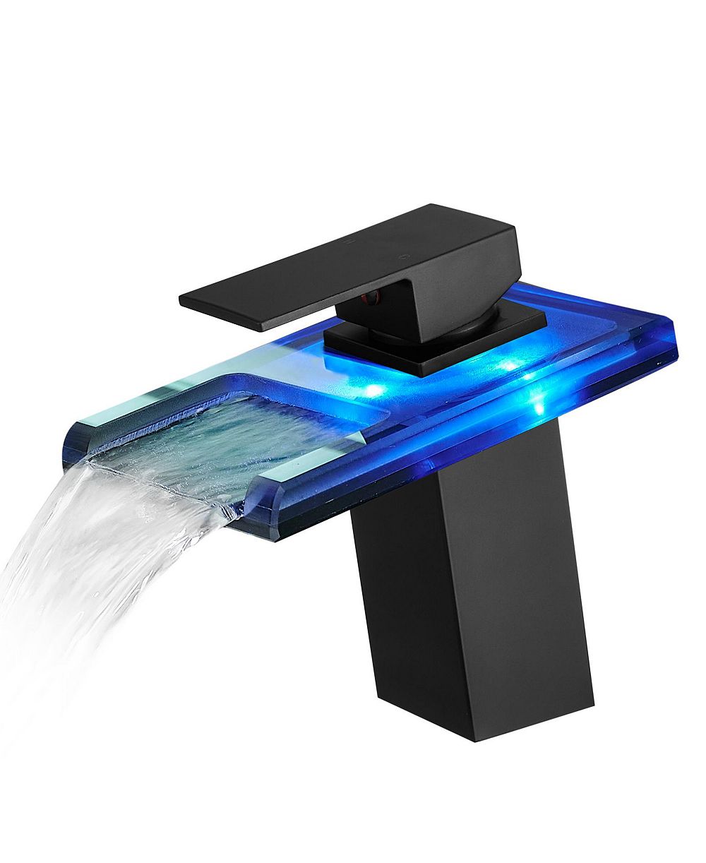 PHYING Bathroom Sink Faucet LED Light 3 Colors Changing Waterfall Glass Spout Hot Cold Water Mixer Single Handle One Hole Deck Mounted Bathroom Faucet