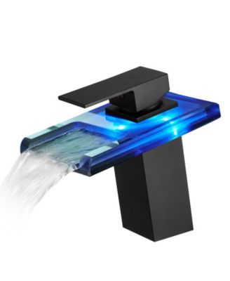 PHYING Bathroom Sink Faucet LED Light 3 Colors Changing Waterfall Glass Spout Hot Cold Water Mixer Single Handle One Hole Deck Mounted Bathroom Faucet