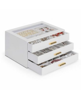 YIGII Leather Jewelry Organizer Clear Lid 3 Drawers for Necklace Ring Bracelet Earring
