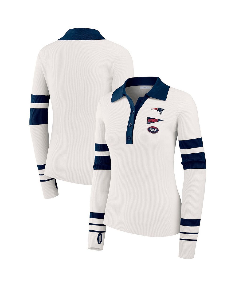 Женский трикотажный свитер-поло WEAR by Erin Andrews с ребристой текстурой в белом цвете New England Patriots