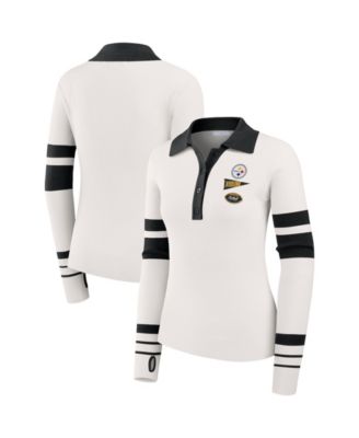 WEAR by Erin Andrews Women's White Pittsburgh Steelers Ribbed Henley Polo Sweater