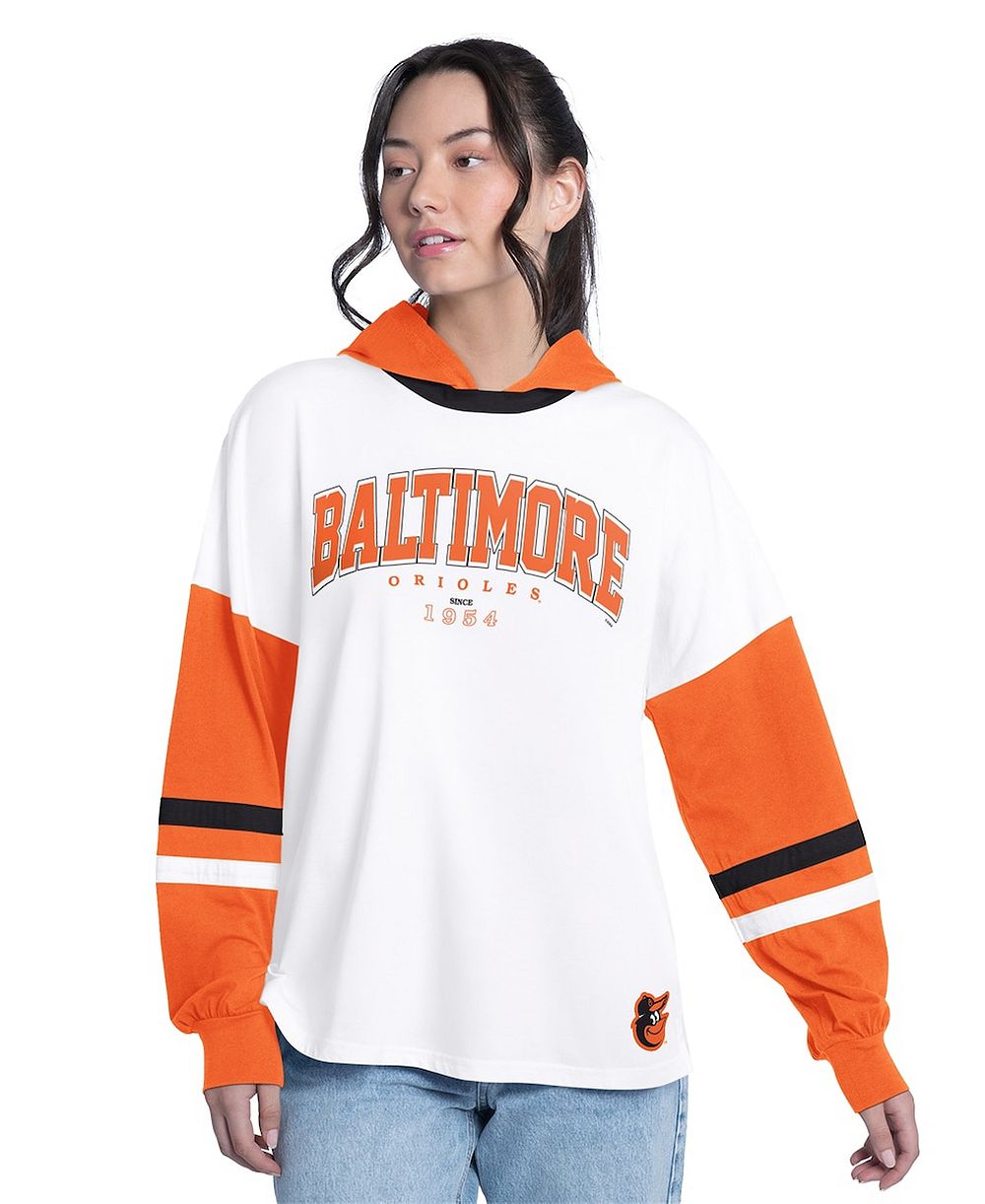 G-III 4Her by Carl Banks женская футболка с длинным рукавом Oversized White/Orange Baltimore Orioles Key Player