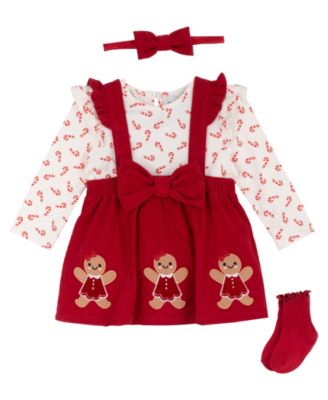 Rare Editions Baby Girls' Holiday Gingerbread Appliqué Corduroy Long-Sleeve Bodysuit, Pinafore Dress, Headband and Socks, 4-Piece Set