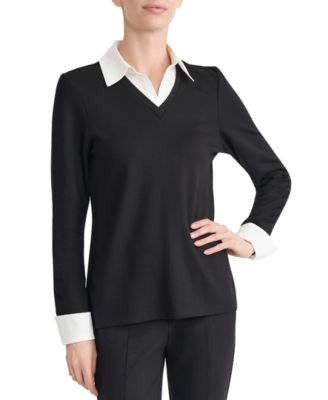 Jones New York Plus Size Twofer Long-Sleeve Collared V-Neck Woven-Cuff Blouse