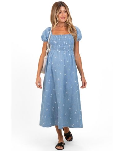 Pinkblush Women's Chambray Embroidered Smocked Midi Dress