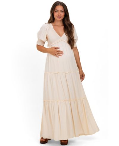 Pinkblush Women's Cream V-Neck Smocked Tiered Maxi Dresses