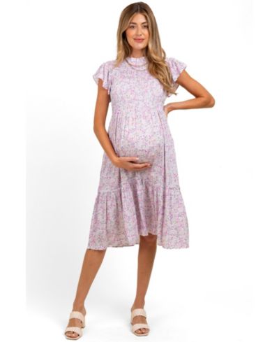 Pinkblush Women's Pink Floral Mock Neck Smocked Ruffe Sleeve Midi Dress
